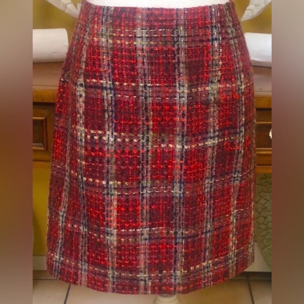 Tailor B.Moss Women Vintage 90’s Coral Red Grey Tweed Plaid Dark Academia Skirt